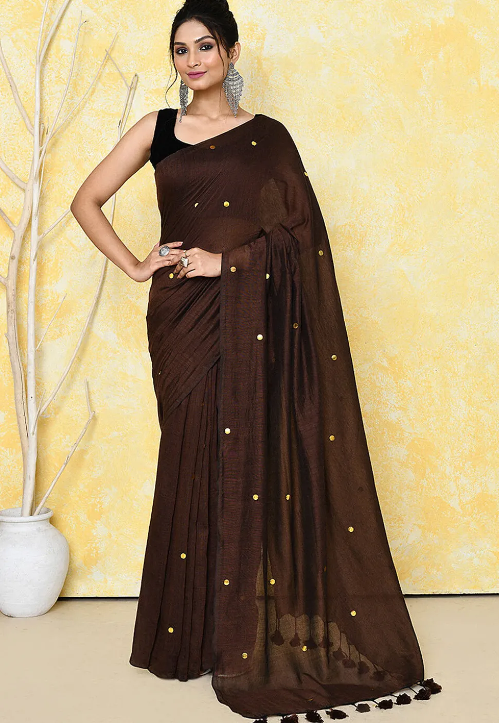 Handloom Cotton Saree in Dark Brown