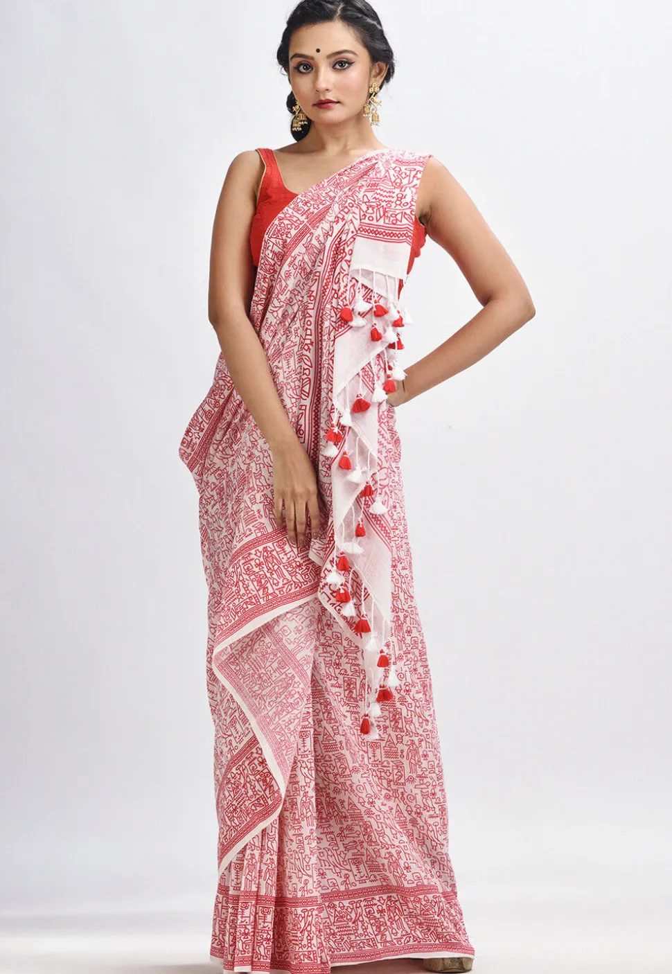 Handloom Cotton Saree in White and Red