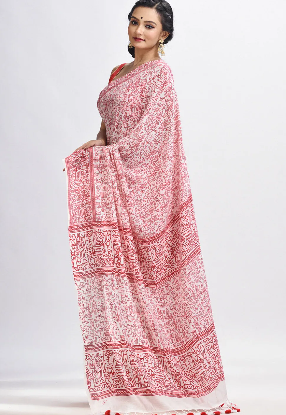 Handloom Cotton Saree in White and Red