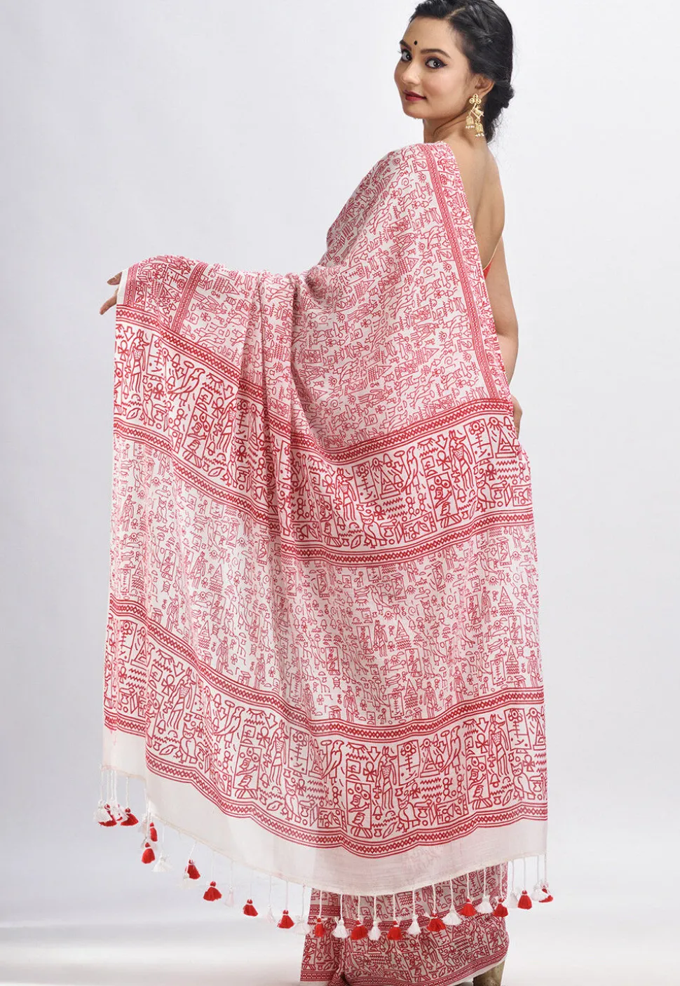 Handloom Cotton Saree in White and Red