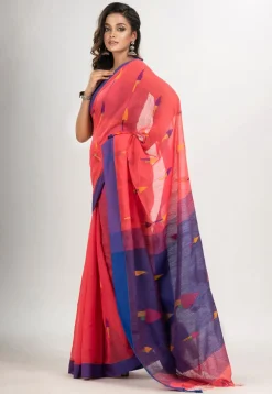 Handloom Cotton Saree in Coral Red