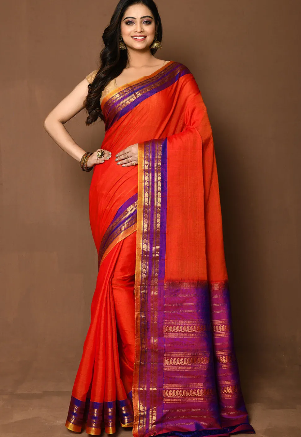 Handloom Cotton Silk Gadwal Saree in Orange