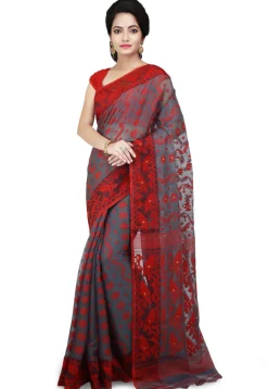 Handloom Cotton Silk Jamdani Saree in Light Grey