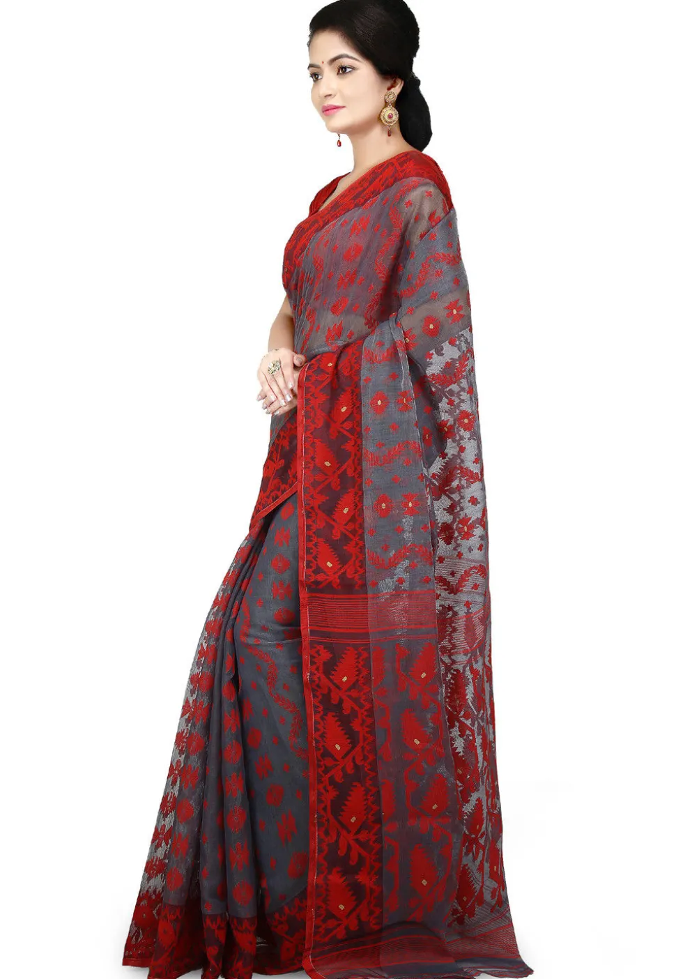 Handloom Cotton Silk Jamdani Saree in Light Grey