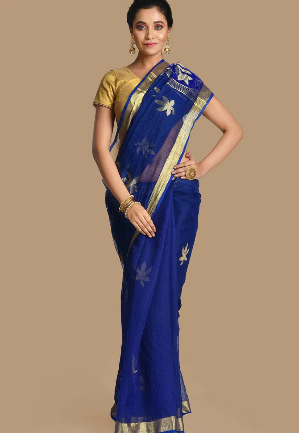 Handloom Cotton Silk Jamdani Saree in Navy Blue