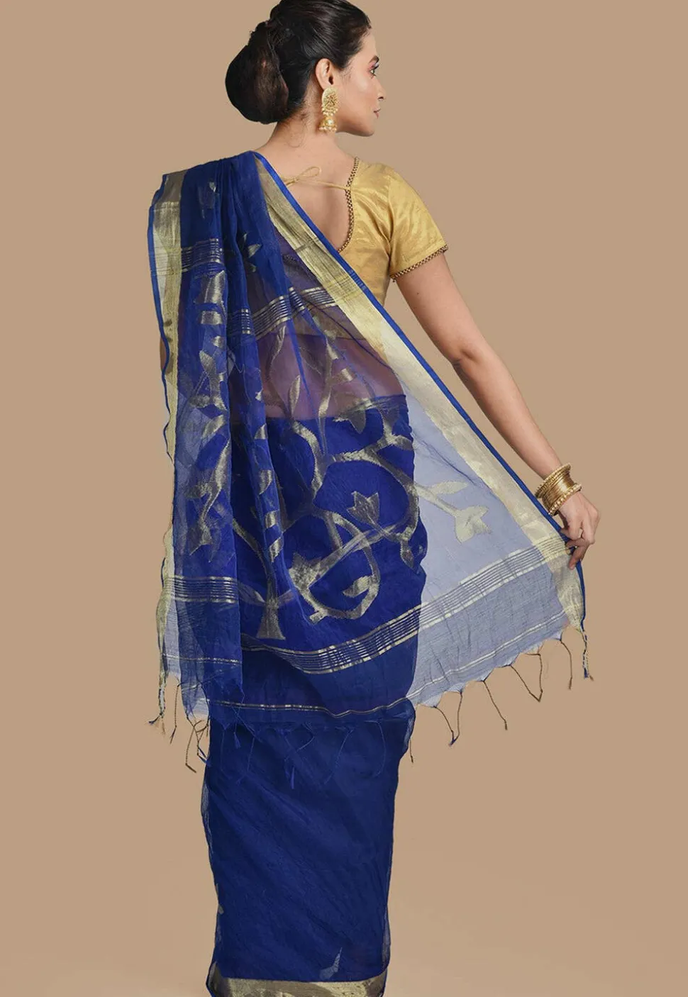 Handloom Cotton Silk Jamdani Saree in Navy Blue
