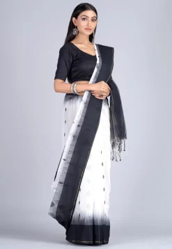 Handloom Cotton Silk Jamdani Saree in White and Black