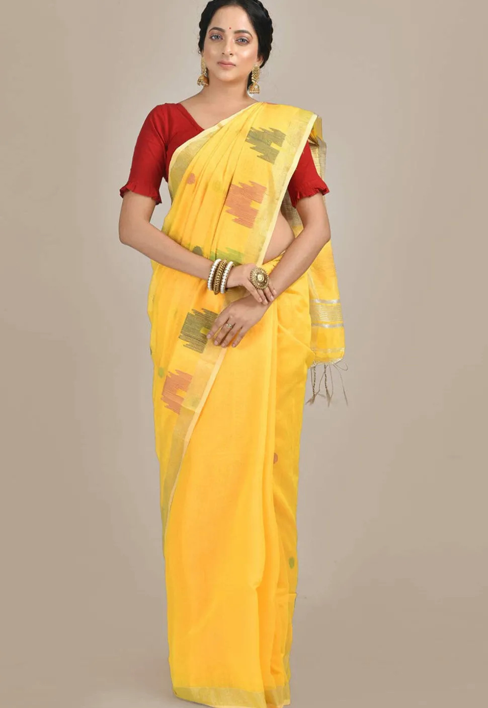 Handloom Cotton Silk Jamdani Saree in Yellow