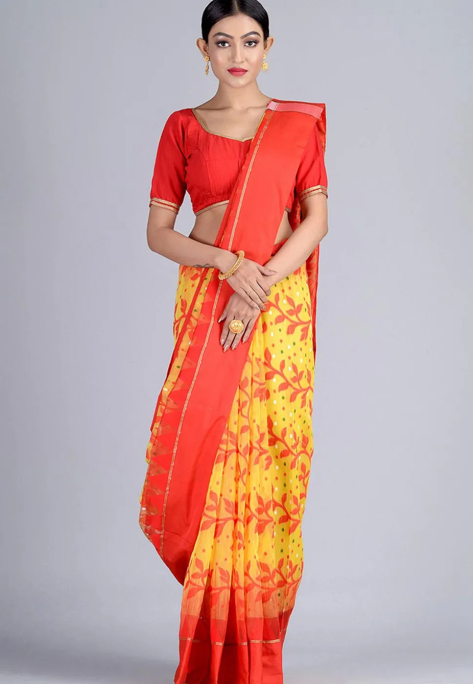 Handloom Cotton Silk Jamdani Saree in Yellow and Red