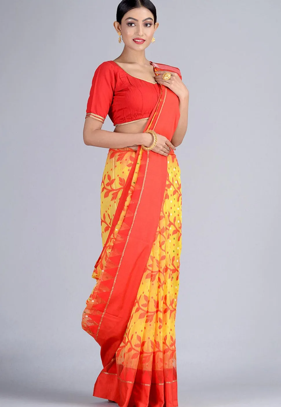 Handloom Cotton Silk Jamdani Saree in Yellow and Red