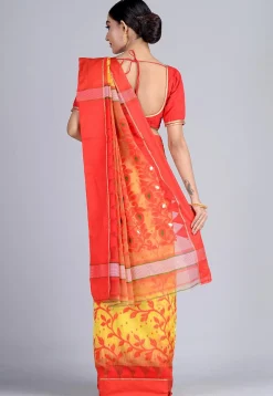 Handloom Cotton Silk Jamdani Saree in Yellow and Red