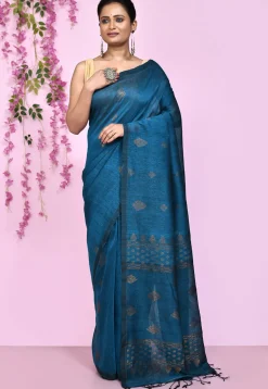 Handloom Cotton Silk Saree in Teal Blue