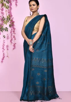 Handloom Cotton Silk Saree in Teal Blue