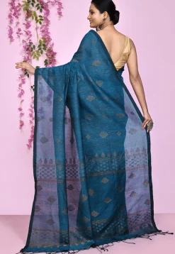 Handloom Cotton Silk Saree in Teal Blue