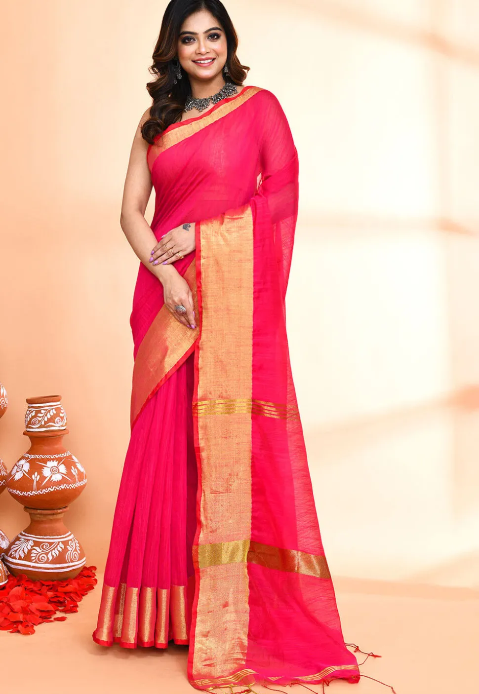 Handloom Cotton Silk Saree in Fuchsia