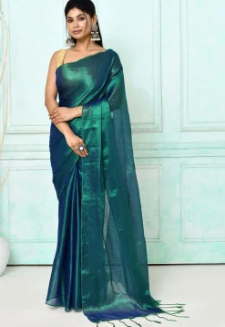 Handloom Cotton Silk Saree in Green and Blue