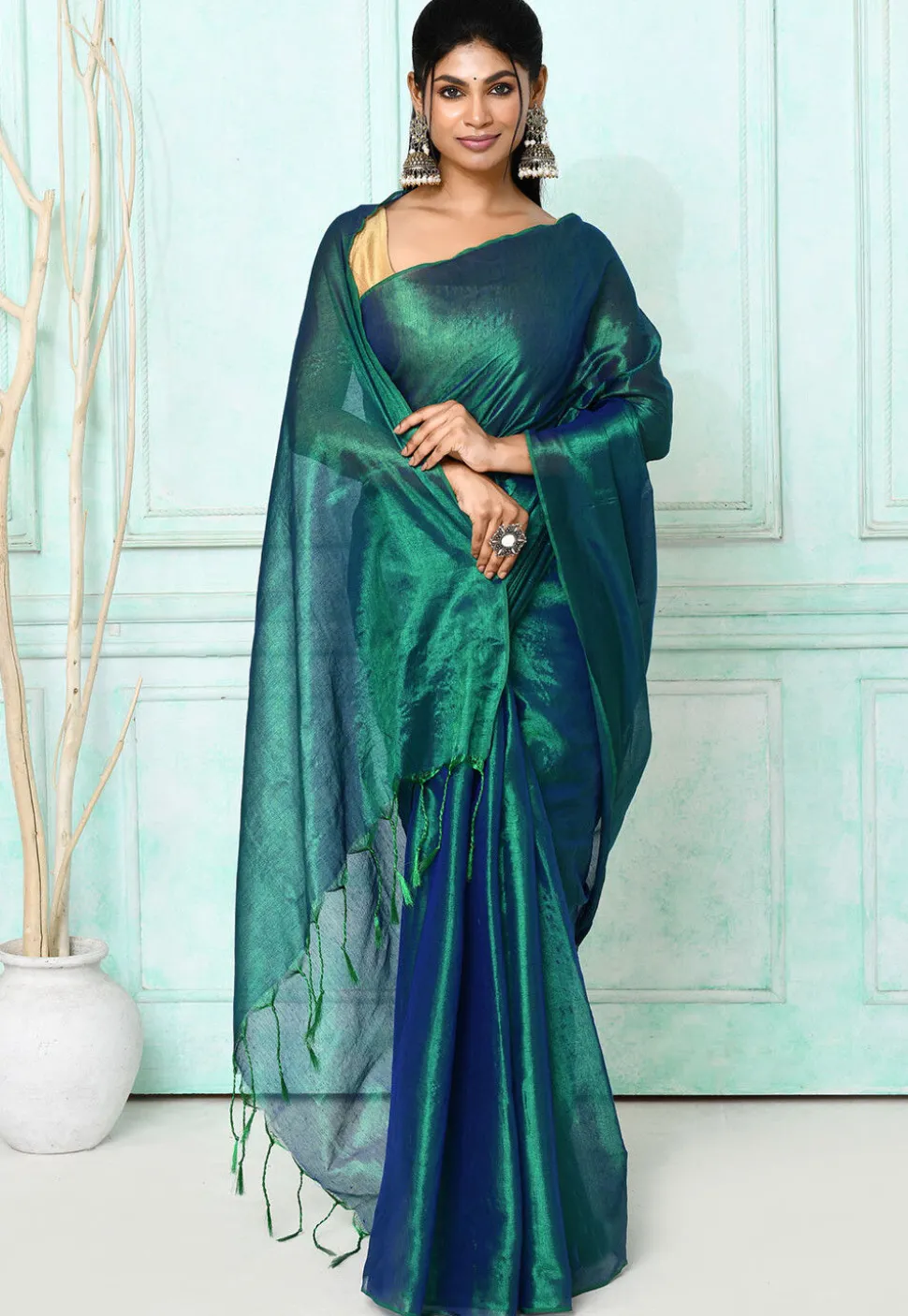 Handloom Cotton Silk Saree in Green and Blue