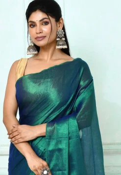 Handloom Cotton Silk Saree in Green and Blue