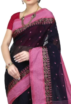Handloom Cotton Tant Saree in Navy Blue