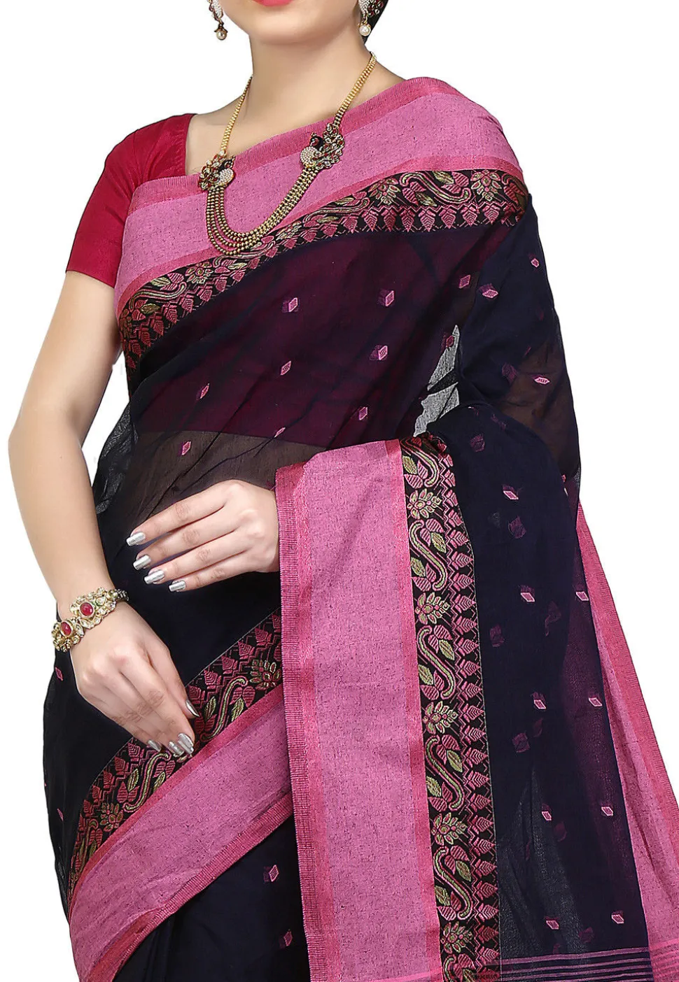 Handloom Cotton Tant Saree in Navy Blue