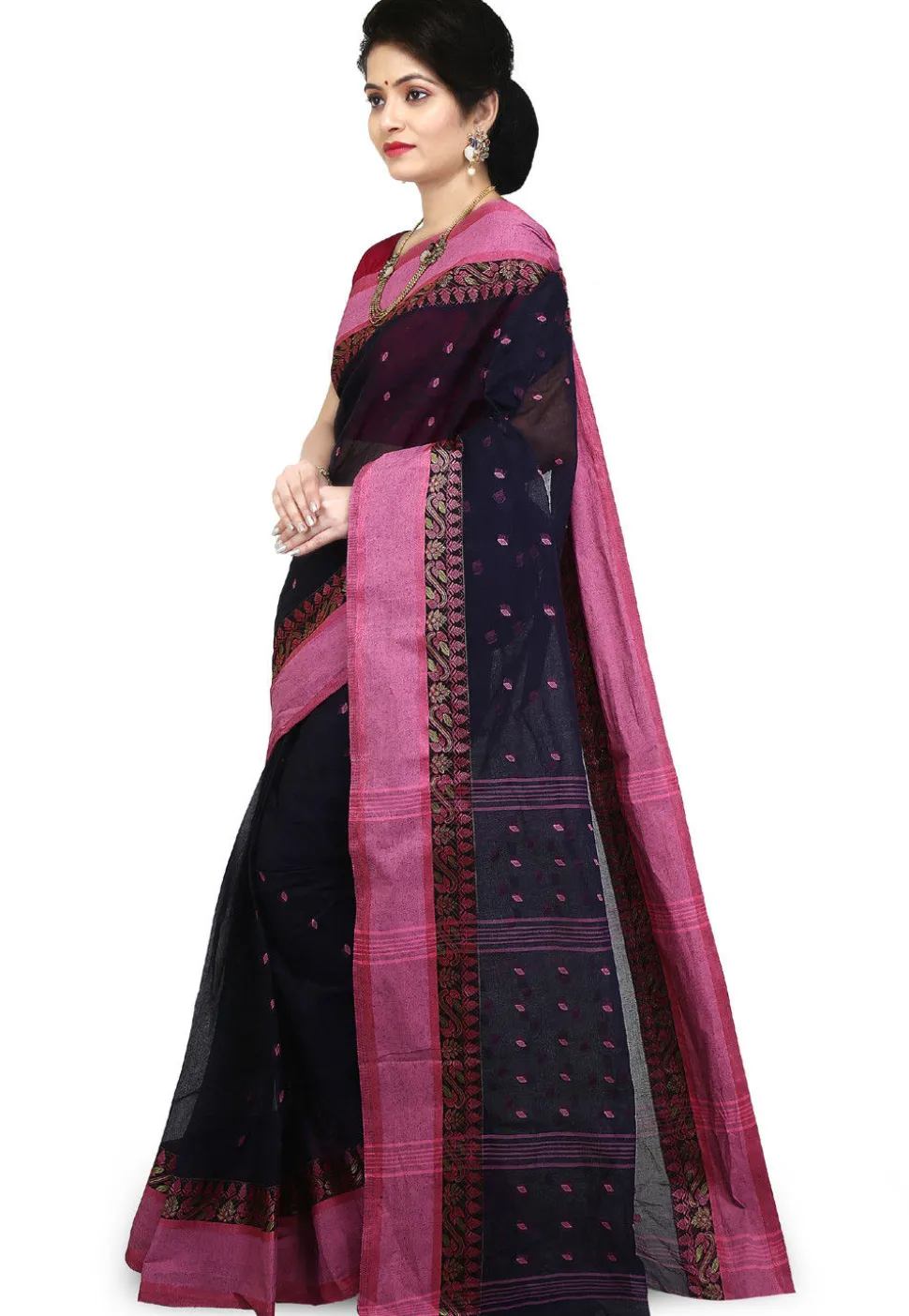 Handloom Cotton Tant Saree in Navy Blue