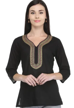 Handloom Embroidered Pure Cotton Kurti in Black