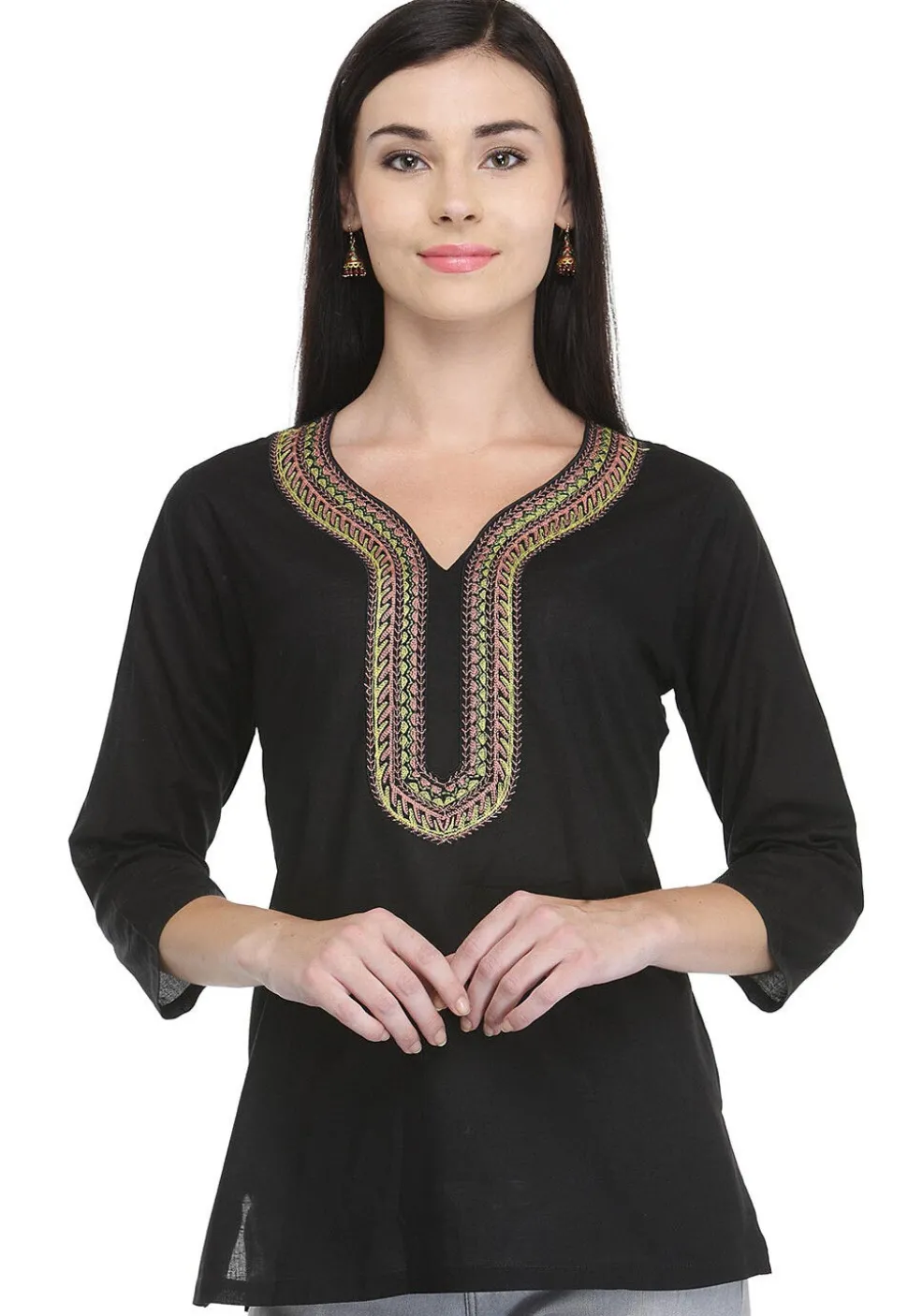 Handloom Embroidered Pure Cotton Kurti in Black