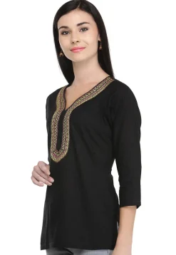 Handloom Embroidered Pure Cotton Kurti in Black