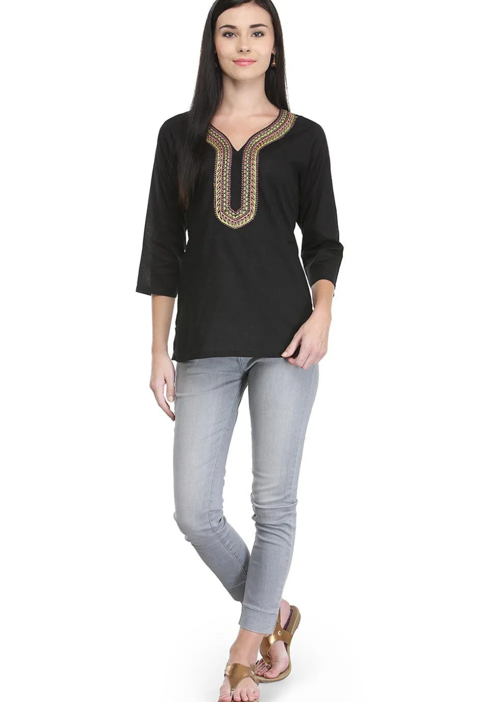 Handloom Embroidered Pure Cotton Kurti in Black