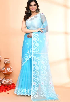 Handloom Jamdani Art Silk Saree in Blue