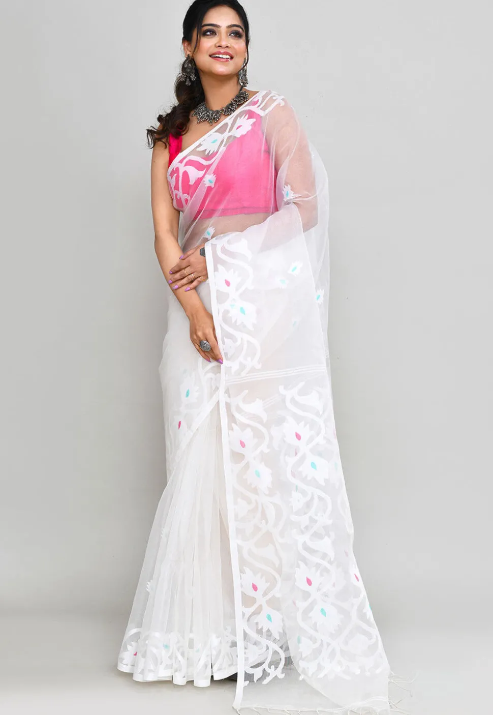 Handloom Jamdani Art Silk Saree in White