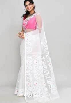Handloom Jamdani Art Silk Saree in White