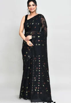 Handloom Jamdani Cotton Silk Saree in Black