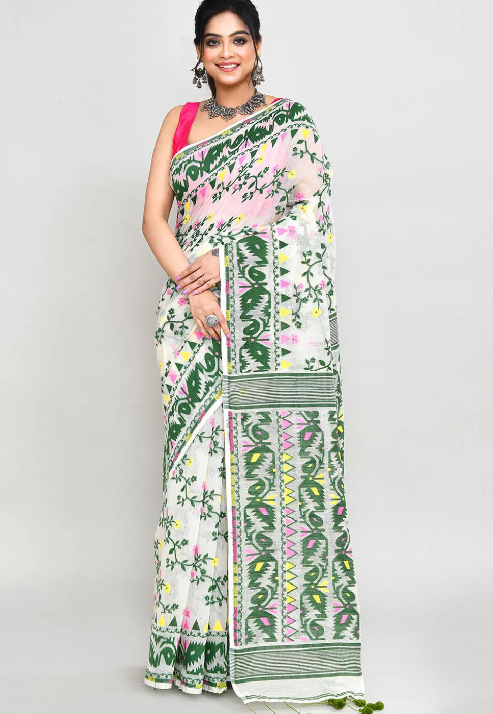 Handloom Jamdani Cotton Silk Saree in Off White