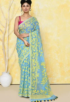Handloom Jamdani Cotton Silk Saree in Sky Blue