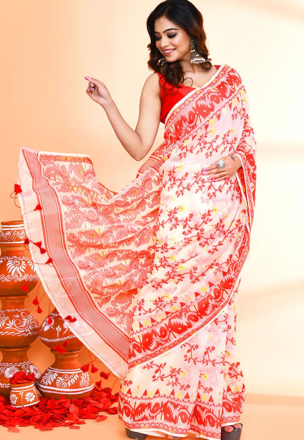 Handloom Jamdani Cotton Silk Saree in Off White