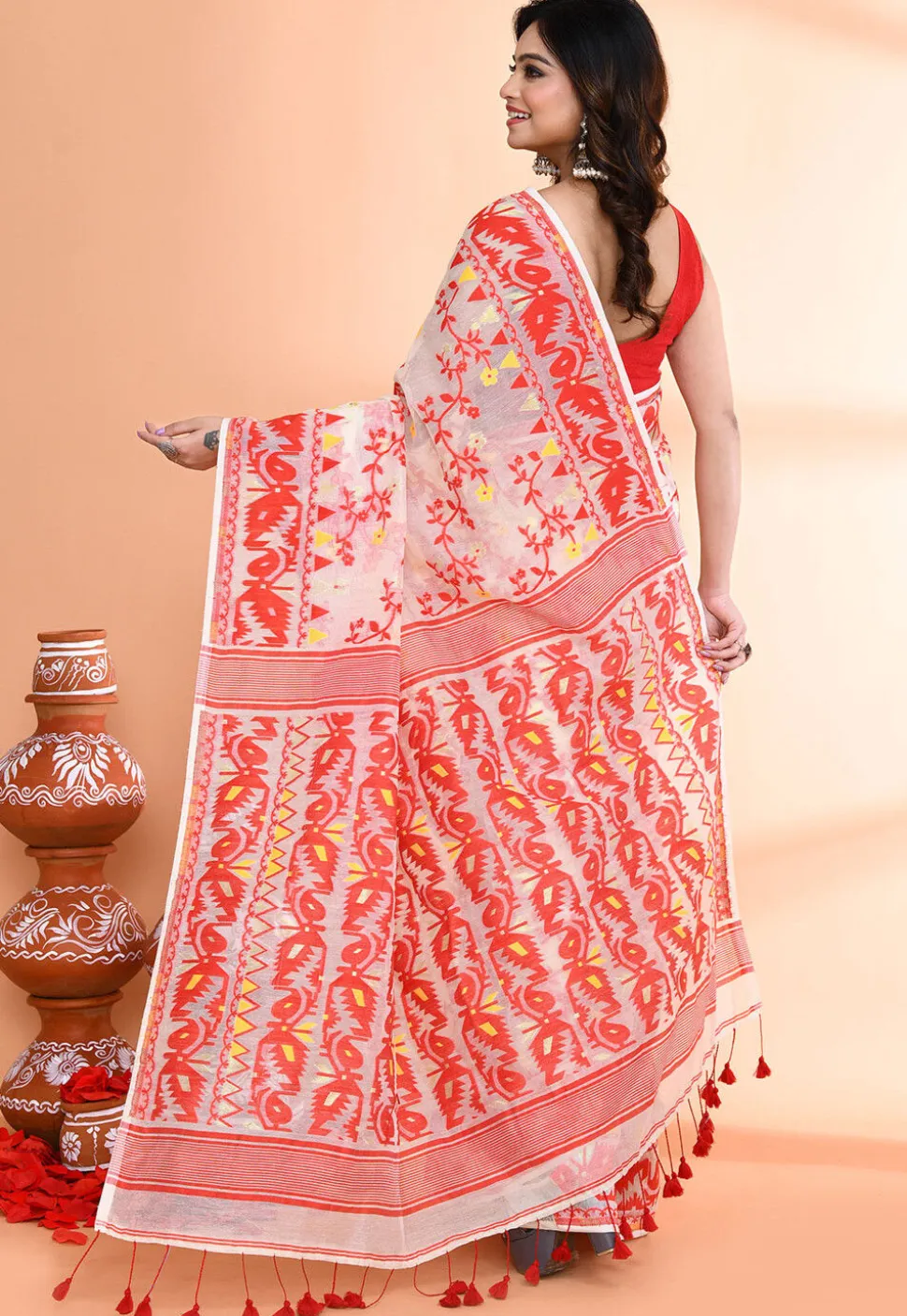 Handloom Jamdani Cotton Silk Saree in Off White