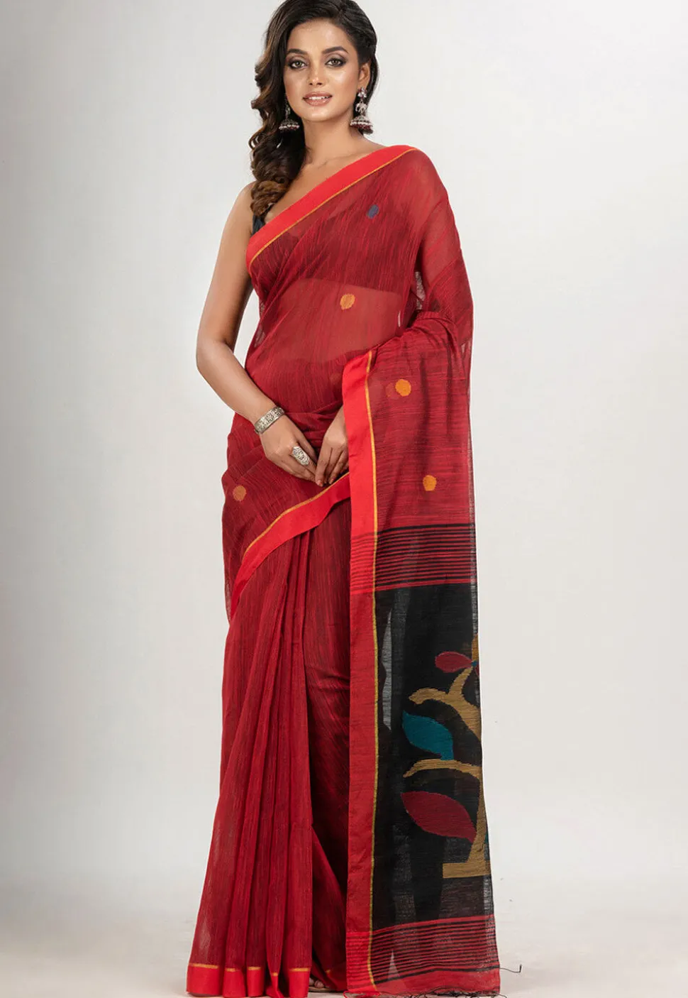 Handloom Jamdani Cotton Saree in Red
