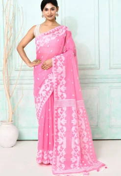 Handloom Jamdani Cotton Silk Saree in Pink