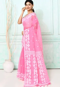 Handloom Jamdani Cotton Silk Saree in Pink