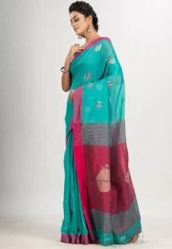 Handloom Jamdani Cotton Saree in Turquoise