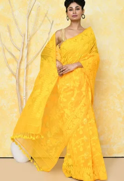 Handloom Jamdani Cotton Silk Saree in Yellow
