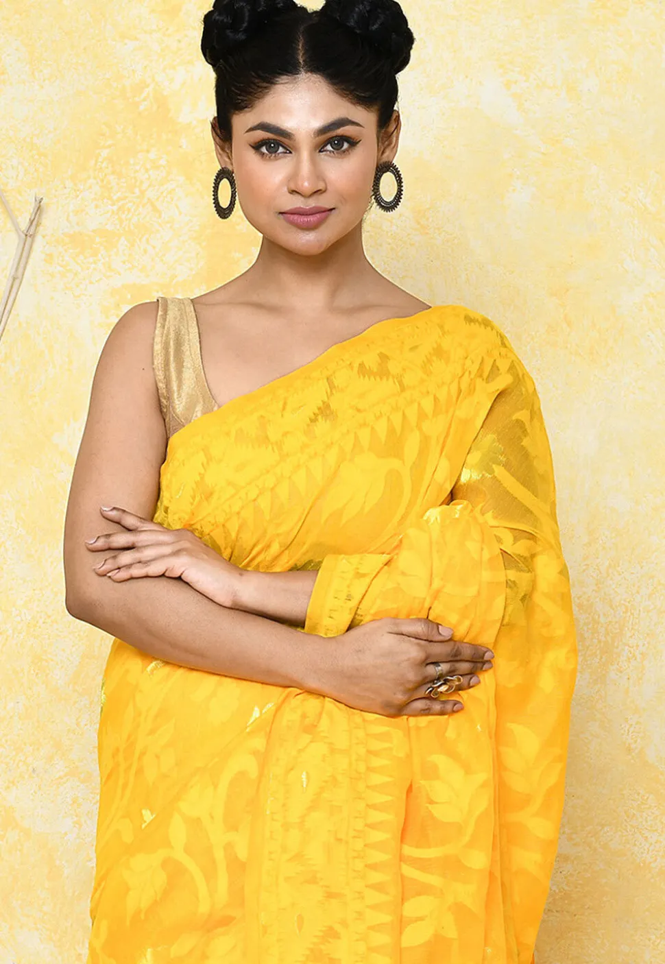 Handloom Jamdani Cotton Silk Saree in Yellow