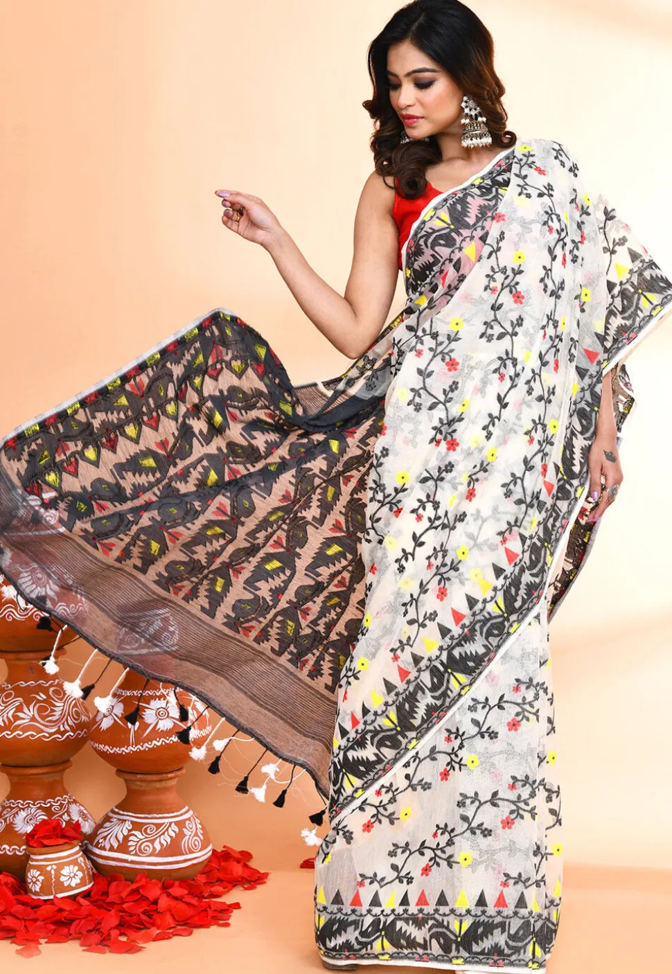 Handloom Jamdani Cotton Silk Saree in Off White