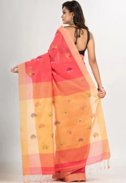 Handloom Jamdani Cotton Saree in Coral Red