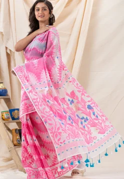 Handloom Jamdani Cotton Saree in White and Pink