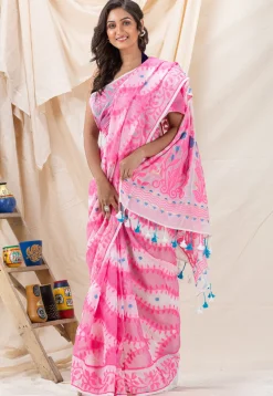 Handloom Jamdani Cotton Saree in White and Pink
