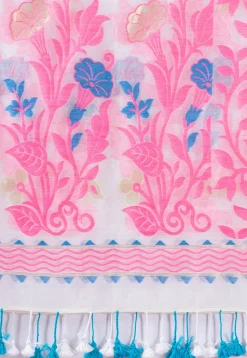 Handloom Jamdani Cotton Saree in White and Pink