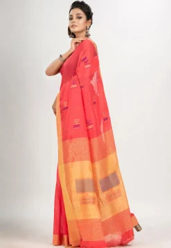 Handloom Jamdani Cotton Saree in Coral Red
