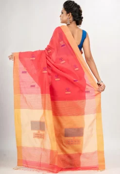 Handloom Jamdani Cotton Saree in Coral Red